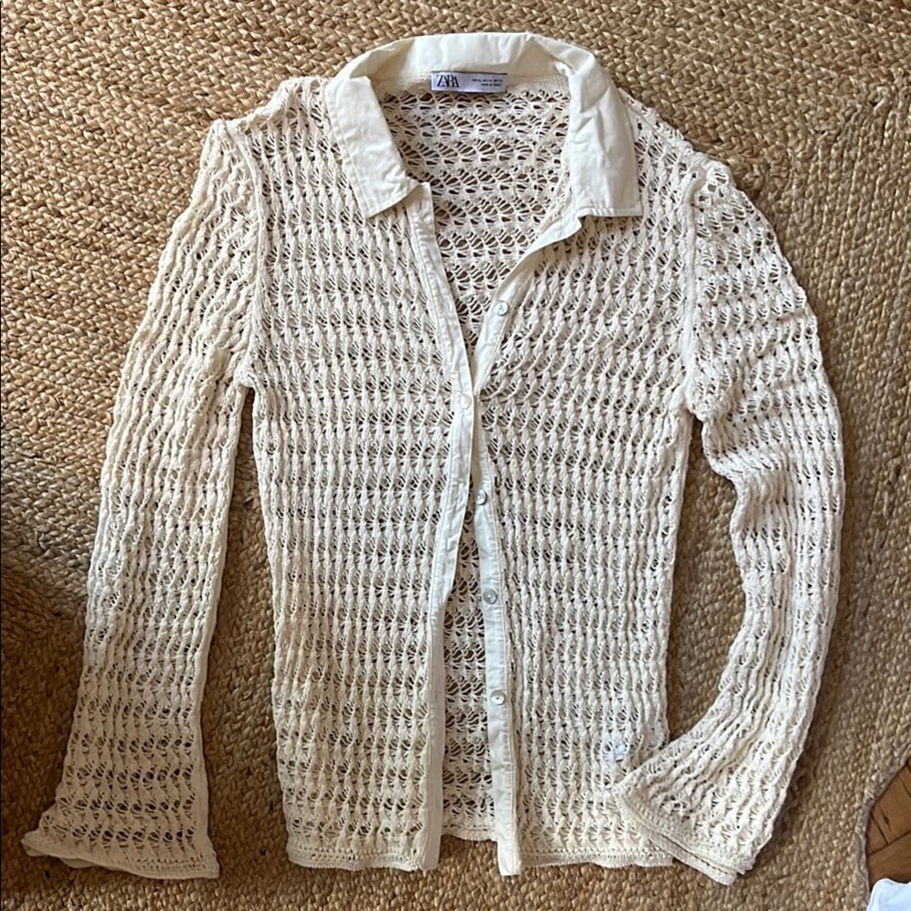 Zara Ivory Crochet Button-Up Cardigan